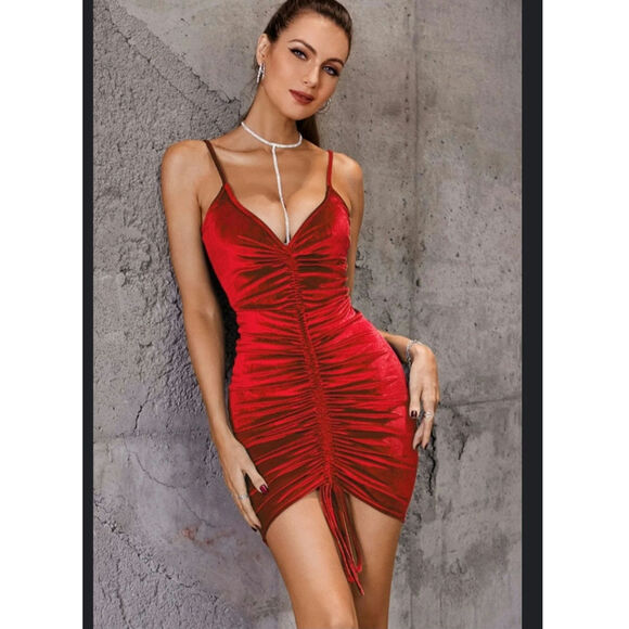 Double Crazy Velvet Spaghetti Strap Ruched Bodycon Dress Sz M Valentines Day - Picture 1 of 7